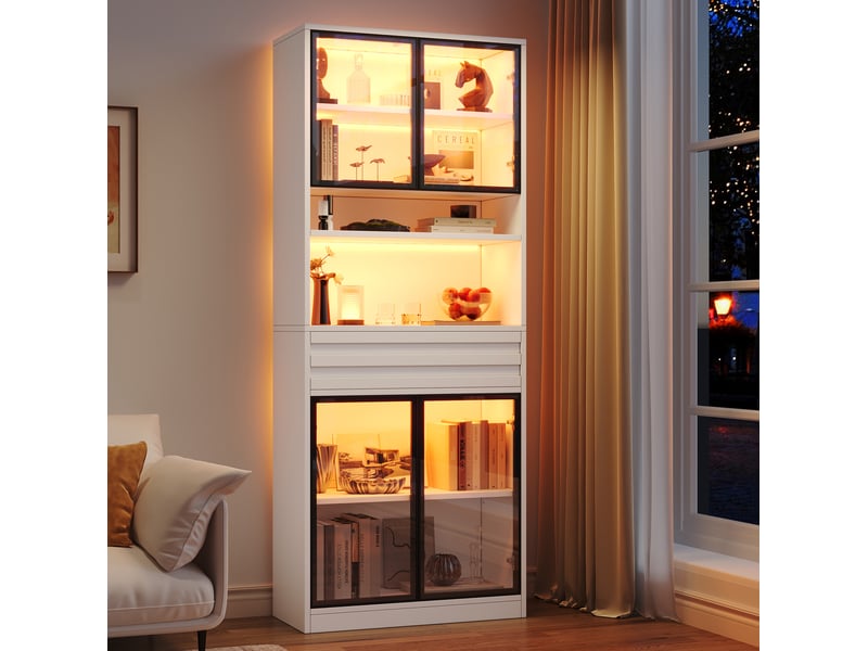  Vitrine avec 4 portes vitrées, 1 tiroir et éclairage led rgb contrôlé par application, en mdf blanc, 80 × 35 × 200 cm  - Conforama B