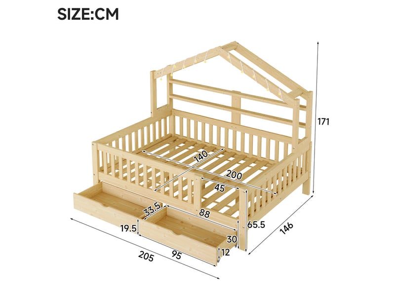  Lit enfant en bois, forme de maison, 140 x 200 cm, avec éclairage led, tiroirs et barrières de sécurité, couleur naturelle N879P000530N - Conforama C