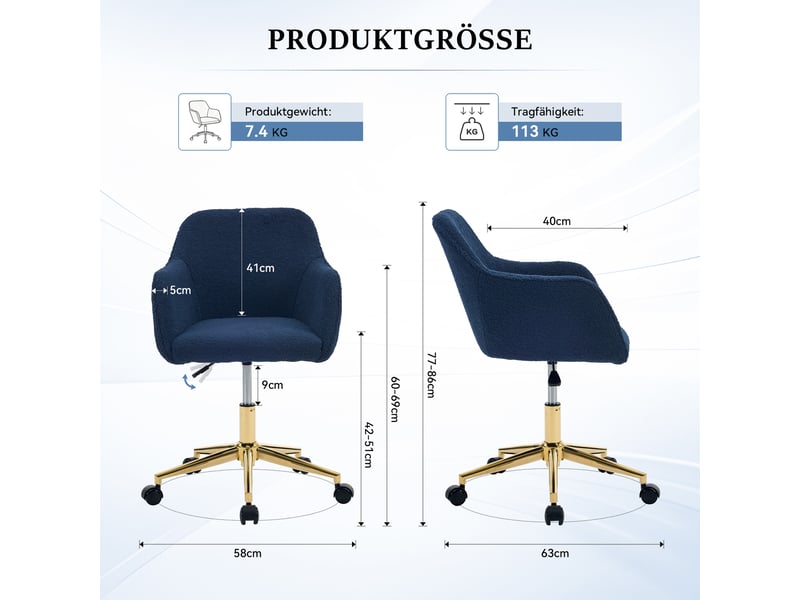  Chaise de bureau pivotante 360° réglable - lpospi - base dorée, tissu bouclette bleu foncé, 58 × 58 × 86 cm  - Conforama D