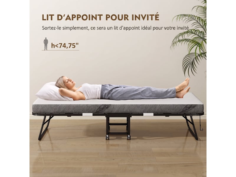 Lit pliant 1 personne 200 x 90 cm avec matelas, lit d'appoint pliable et portable sur roulettes, cadre en acier, blanc - Conforama D
