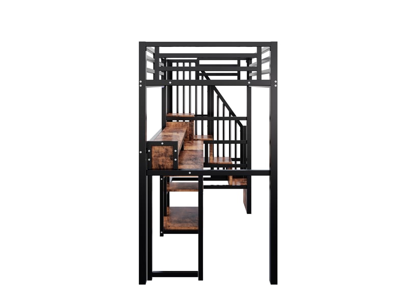  Lit mezzanine 90×200 cm avec étagères, led, usb et type-c, métal et mdf noir sans matelas  - Conforama D