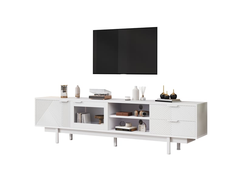  Meuble tv 200x40x50,5cm, 2 portes, 2 tiroirs et 1 étagère, conception de la ligne, moderne, structure aggloméré, blanc  - Conforama A