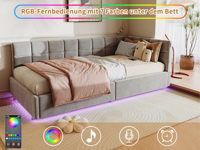 Lit banquette 90x200 cm avec led rgb et usb chargeur, lit jeune avec rangement et tête de lit rembourrée lit simple pour ado avec cadre de lit à lattes gris velours, sans matelas - Conforama D