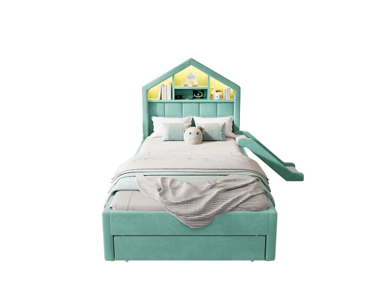  Lit cabane enfant 90x200 cm avec toboggan réversible, led, port de charge, rangement, velours bleu-vert sans matelas  - Conforama A