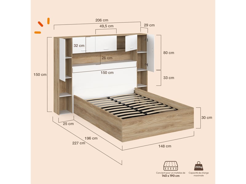  Lit pont coffre double bridget armoire avec rangements et sommier 140 x 190 cm bois et blanc  - Conforama E