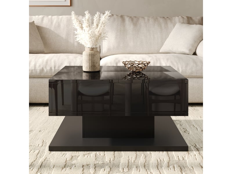  Table basse relevable noire brillante avec grand rangement, plateau rabattable &amp; 2 tiroirs, table de salon led intelligente pour maison  - Conforama E