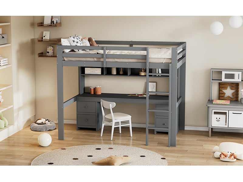  Lit superposé 90x200 cm avec bureau et rangements gris pin massif échelle et garde-corps inclus Sol Morn - Conforama B