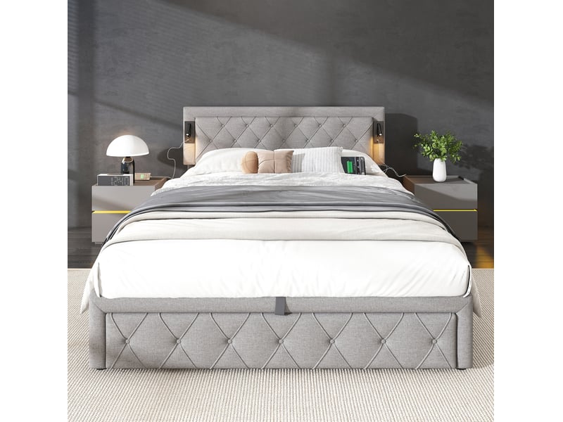  Lit coffre tcqpz 160 x 200 cm rembourré en lin gris avec led, usb, sommier à lattes, tête de lit à motif losange, ouverture hydraulique  - Conforama E