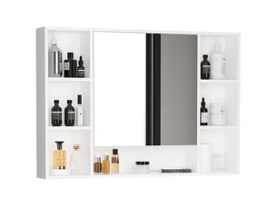 Meuble de salle de bain gain de place avec miroir, étagères ouvertes et armoire à porte miroir, 100 x 15 x 70 cm, blanc