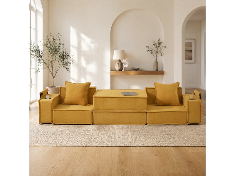  Canapé droit convertible 2 places en tissu jaune moutarde avec coussins, rangements latéraux et porte-gobelets  - Conforama B