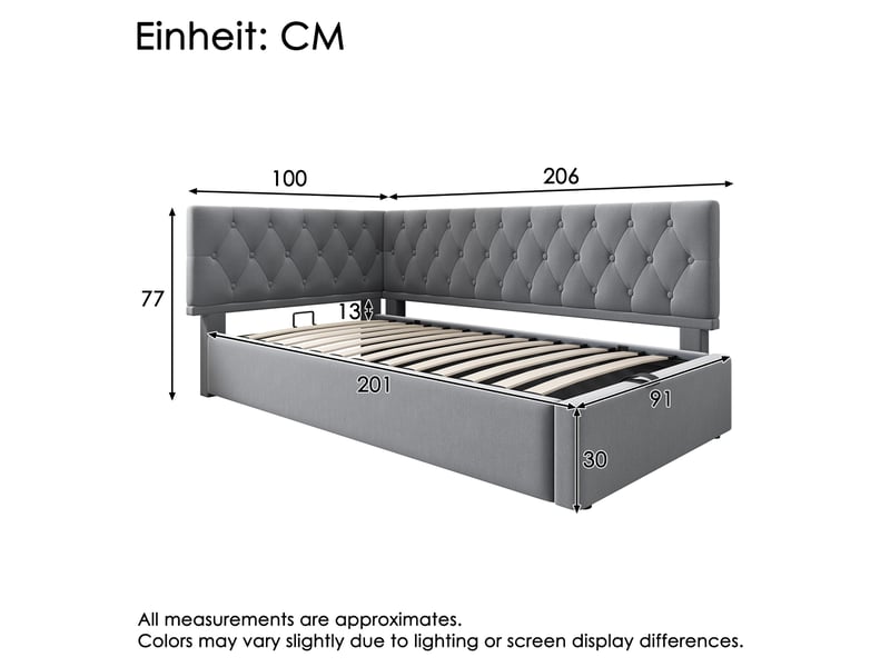  Modenvie lit banquette 90x200 cm - rangement hydraulique, sommier à lattes inclus, sans matelas - gris  - Conforama C