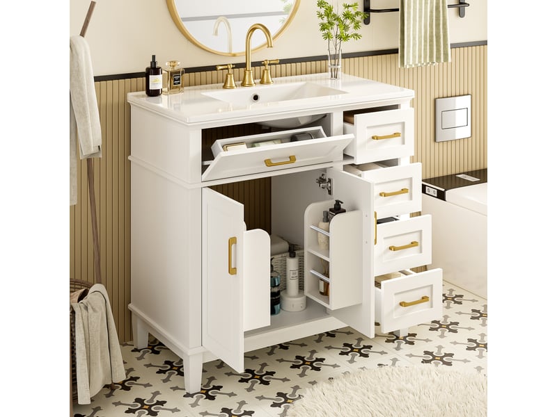 Meuble sous vasque avec 2 portes, 5 tiroirs et lavabo en céramique, blanc et poignées dorées, 90×46×87 cm - Conforama B