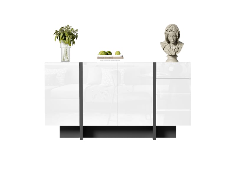  Buffet 150x40x80cm, armoire de rangement avec 3 portes, 4 tiroirs, mdf+panneau de particule, brillant blanc  - Conforama A