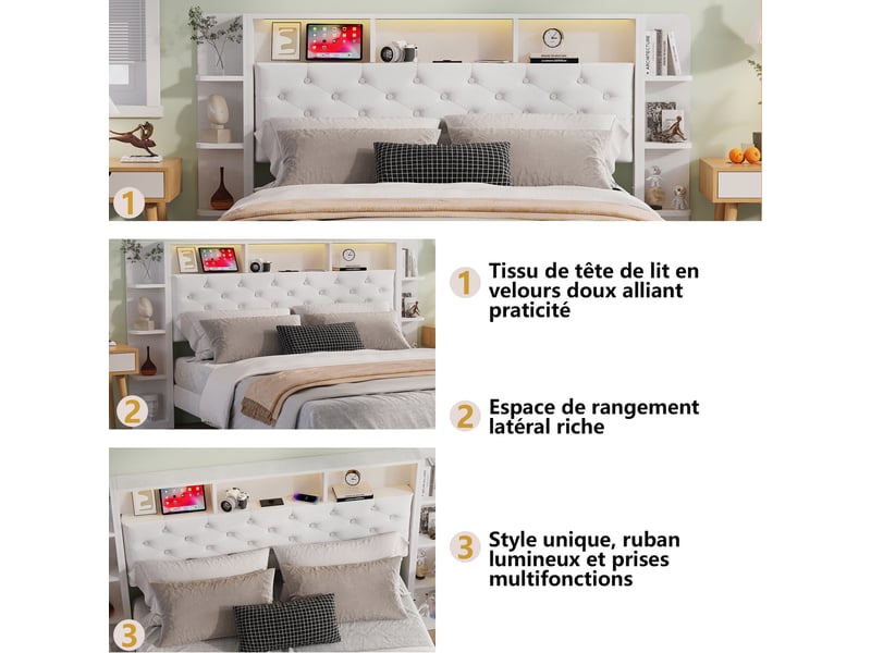  Lit 160 x 200,lit adulte led ,2 tiroirs ,usb, lit double capitonné 160 x 200 avec tête de lit de rangement ,velours blanc  - Conforama W