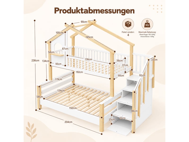 Lit superposé cabane 90x190120x190cm pour 2 enfants, avec escalier de rangement et barrières anti-chute, lit gain de place en bois, blanc et naturel evarich - Conforama C