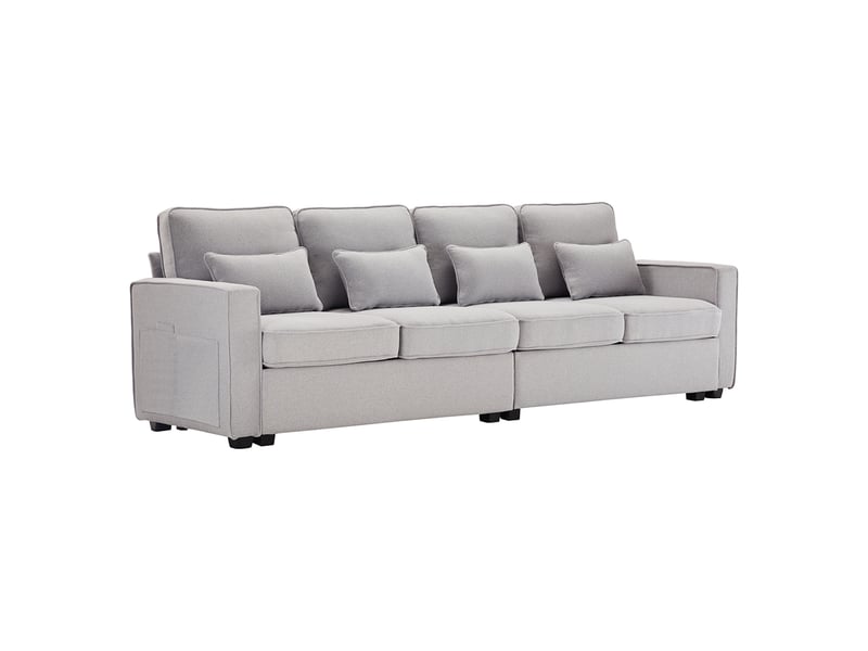 Canapé 4 Places En Tissu Lin | Accoudoirs Avec Poches, Porte-Gobelets, USB | Largeur 290 Cm | Gris, Moderne