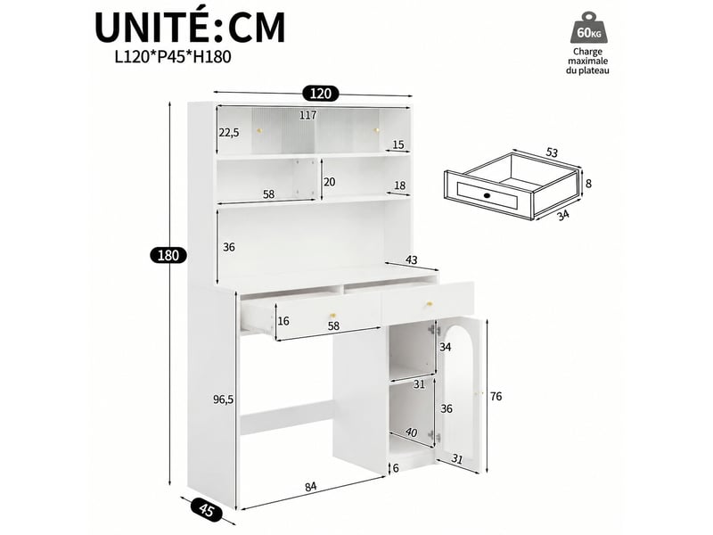  Meuble de cuisine avec 2 tiroirs muvano, blanc, plan de travail et rangements hauts, 120 × 45 × 180 cm  - Conforama W