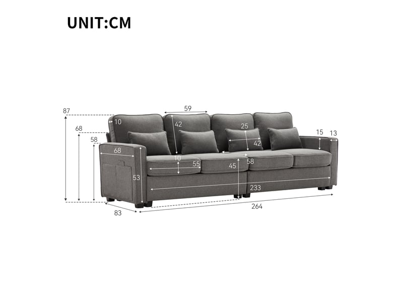  Canapé 4 places 264x83x87 cm avec poches d'accoudoirs gris foncé  - Conforama E
