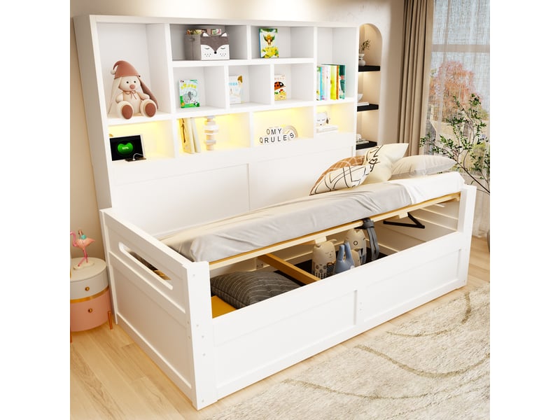 Lit banquette 1 place 90 × 200 cm avec coffre hydraulique, led, étagères et prises, sans matelas, en bois, blanc - Conforama C
