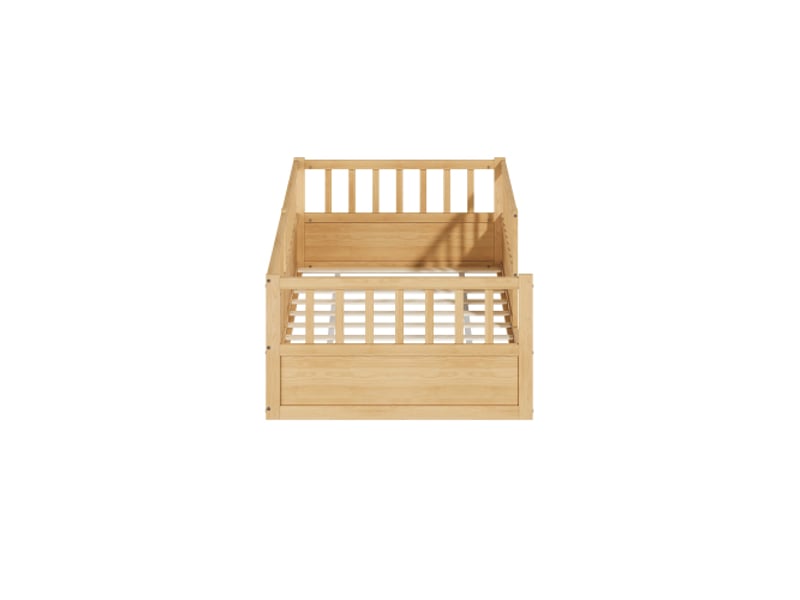  Lit enfant 90x200 cm en pin massif naturel avec barrière de sécurité et sommier style montessori  - Conforama R