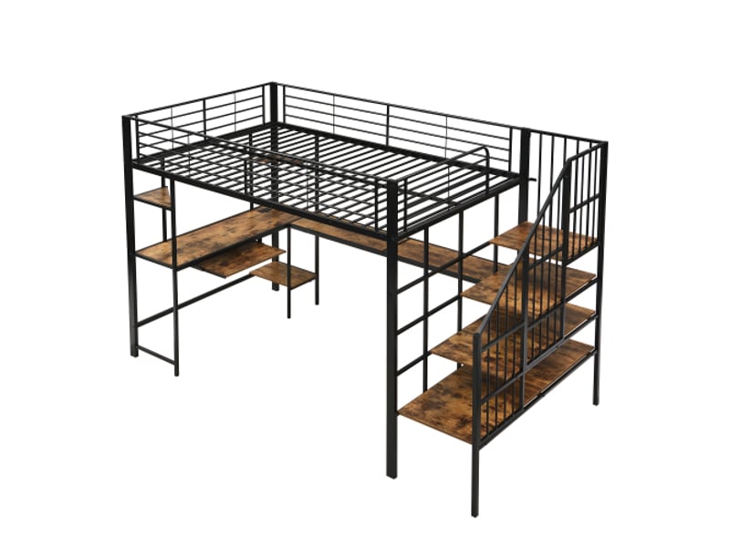  Lit mezzanine en fer et mdf noir 120x200 cm - prise, escalier d'angle sûr, bureau avec plateau clavier et rangement  - Conforama D