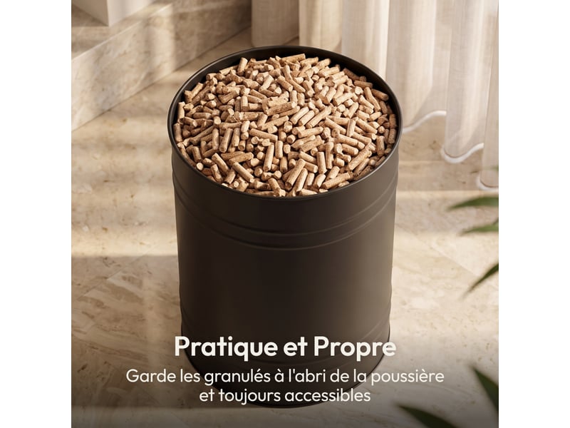  Casabel réservoir pellets &amp; granulés rond, cap. 30kg, métal noir, couvercle bambou, compact &amp; élégant, pour poêle  - Conforama D