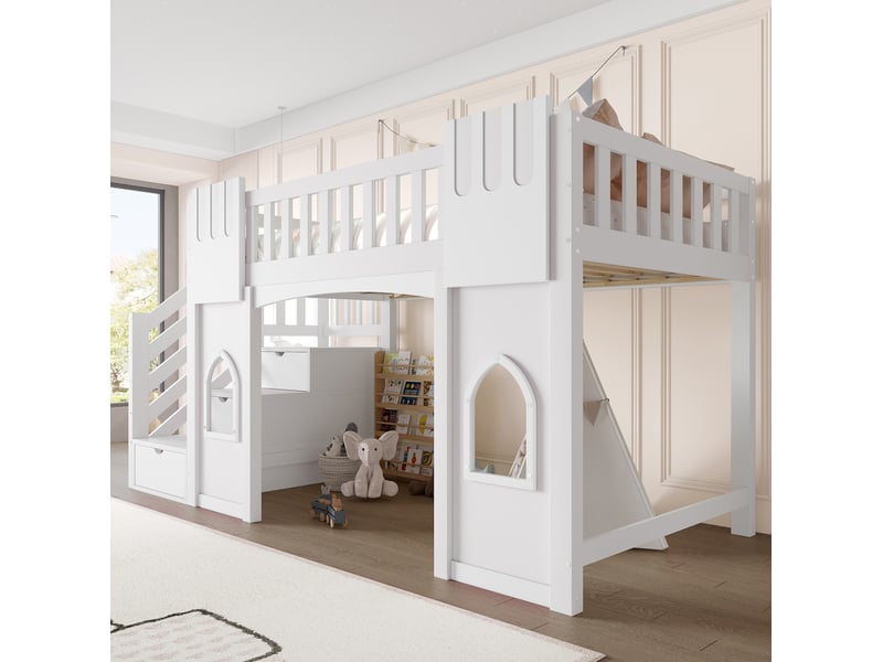  Lit mezzanine enfant 90 x 200 cm avec escalier de rangement et fenêtres, blanc  - Conforama D