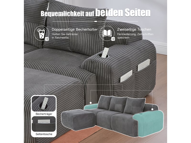 Canapé modulable, canapé de salon; gris foncé, en velours tricoté, porte-gobelets - Conforama W
