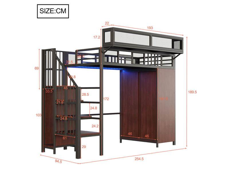  Lit mezzanine métal 90 x 200 cm noir avec armoire à portes coulissantes, led connectée, échelle rangement, garde-corps grille et étagères amovibles  - Conforama E