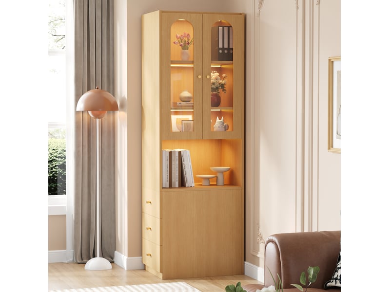  Bibliothèque haute 60x40x200 cm, led, vitrine en verre trempé, tiroirs latéraux, meuble salon et bureau, mdf, chêne  - Conforama D