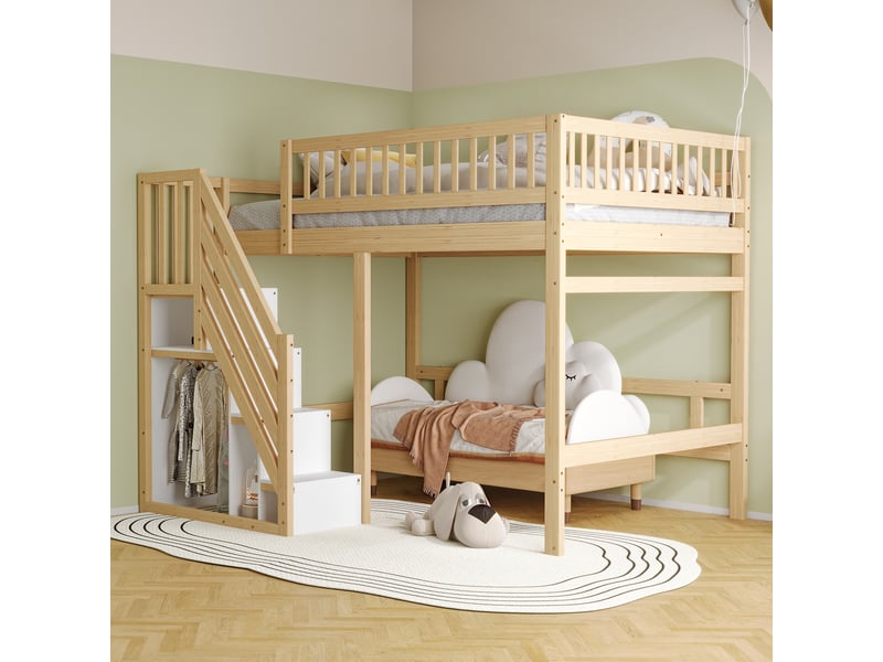  Lit mezzanine 140x200 cm, cadre de lit double en bois massif, lit enfant avec placard de rangement, couleur bois  - Conforama A