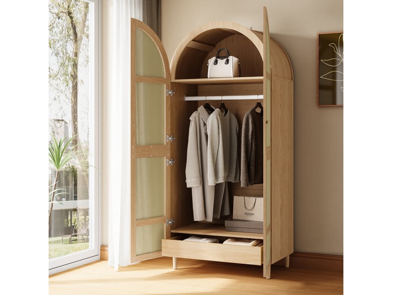  Armoire penderie grand volume 80x50x179 cm portes courbées rotin tringle tiroir pieds bois mdf pb naturel  - Conforama B