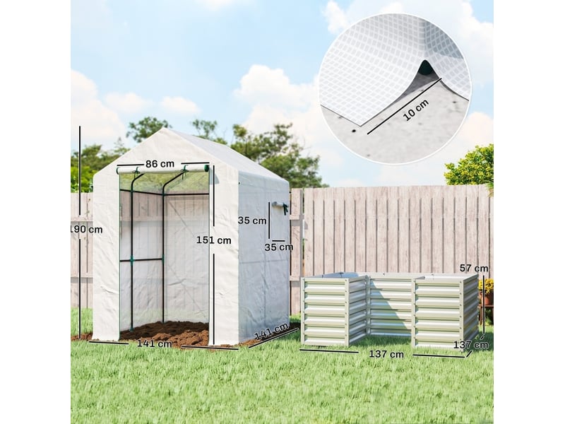  Serre de jardin avec bac surélevé 141 x 141 x 190 cm – blanche – aération réglable et porte enroulable  - Conforama C