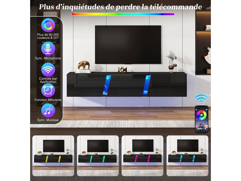  Meuble tv mural noir brillant 180 cm avec led et commande par application, pour tv jusqu'à 75 pouces  - Conforama D