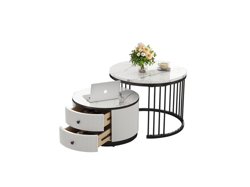 Set de 2 tables basses rondes 60x60x45,5 cm + 50x50x32 cm effet marbre, mdf, blanc et noir - Conforama A