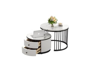 Set de 2 tables basses rondes 60x60x45,5 cm + 50x50x32 cm effet marbre, mdf, blanc et noir