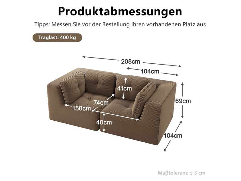  Canapé modulaire 2 places 208x104x69 cm, sans structure, assise profonde, en velours côtelé, marron  - Conforama C