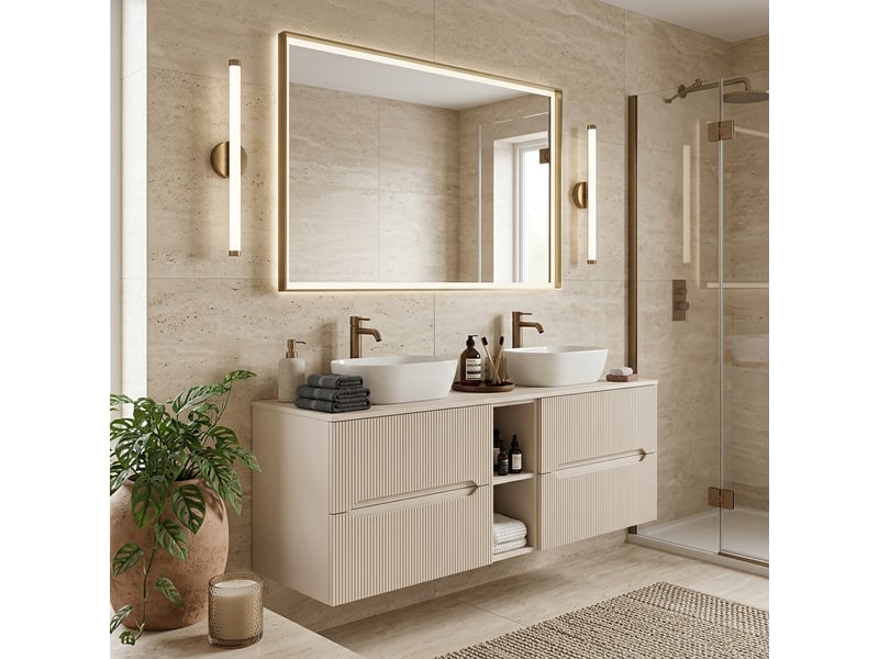 Meuble sous vasque suspendu avec étagère et plan 4t novo l.140 cm cachemire mat - Conforama B