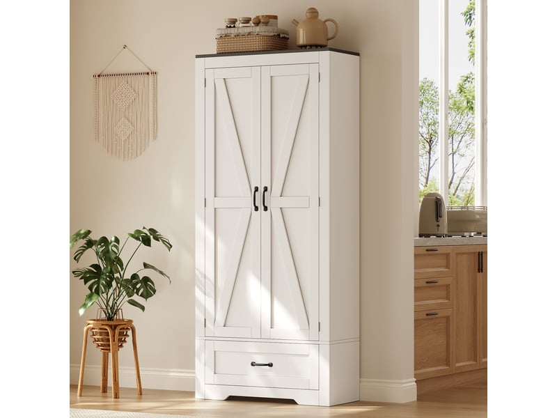 Armoire haute de cuisine 80x35x183 cm avec 2 portes style grange, 1 grand tiroir, rangements de porte, étagères réglables, anti-basculement, mdf blanc - Conforama C