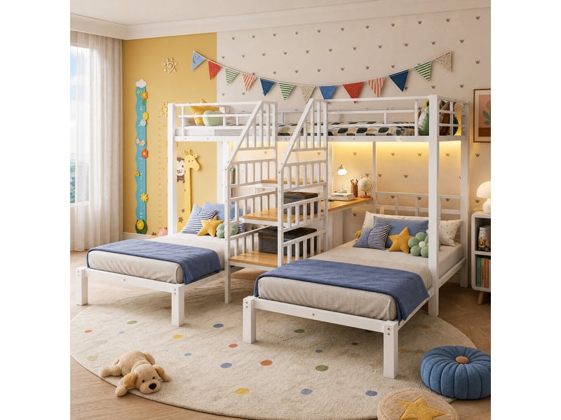  Lit superposé enfant 3 couchages 90 x 200 cm, bureau, led, usb et prise, blanc  - Conforama B