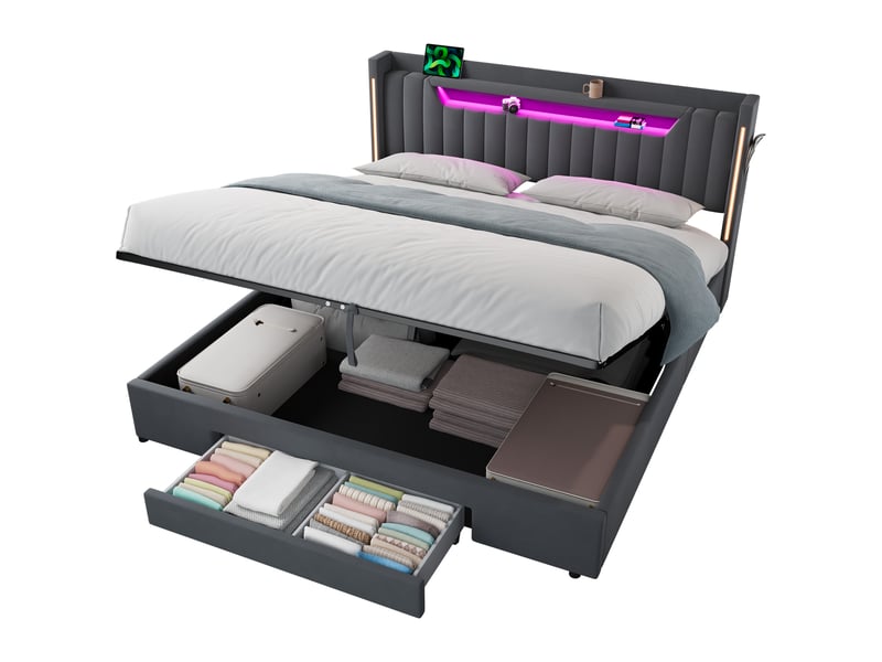  Lit coffre double 180x200 cm, éclairage led et tiroirs, velours gris (sans matelas)  - Conforama A