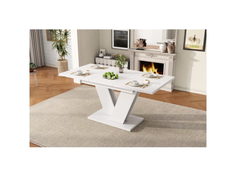  Table à manger extensible 120160x80 cm rectangulaire plateau épais pieds en v blanc 4-6 personnes style simple  - Conforama B