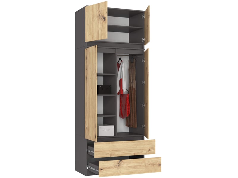 Armoire avec surmeuble akord s90 gris graphite 90 cm 2 portes 2 tiroirs façade chêne artisan 6 étagères 90x51x234 cm - Conforama B