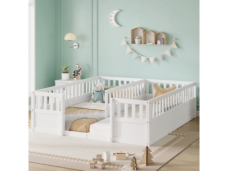  Lit 180x200 cm - lit enfant 180x200 - lit double au sol en pin avec barrières de sécurité et ouverture d'accès - blanc  - Conforama B