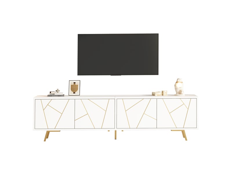  Meuble tv avec 4 portes et 8 compartiments, 5 pieds en métal, blanc et doré pour salon, 190 x 40 x 51,5 cm  - Conforama A