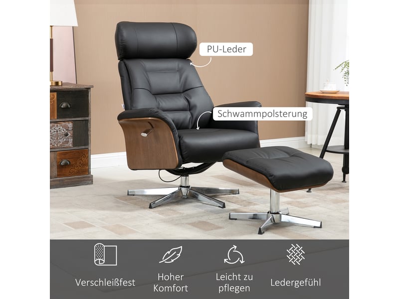 Fauteuil relax avec repose-pieds noir, dossier inclinable, assise pivotante à 360 degrés et appuie-tête réglable pour salon - Conforama D