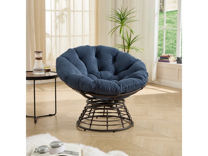  Fauteuil papasan pivotant,92x67 cm,acier et rotin pe,bleu marine et marron  - Conforama B