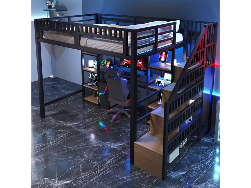  Lit mezzanine 140x200 cm coloris noir led métal lit enfant noir - Conforama E