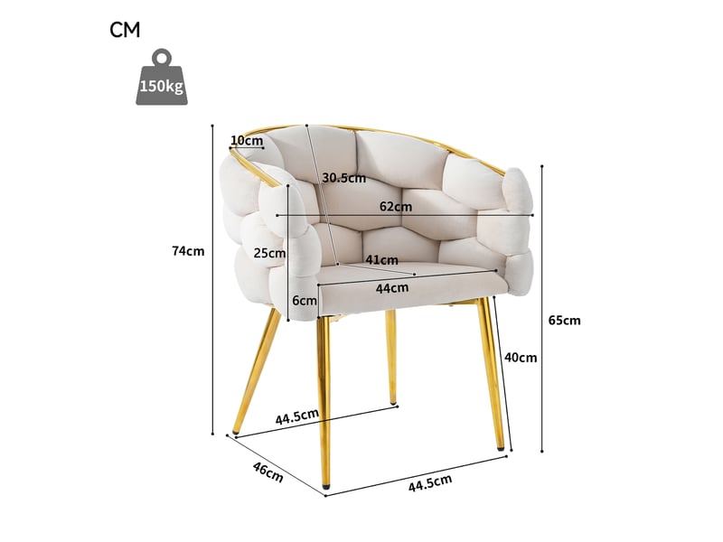  Chaises de salle à manger - lot de 6 en velours avec pieds dorés, assise moelleuse et dossier confortable, 44 × 41 × 74 cm, beige  - Conforama E