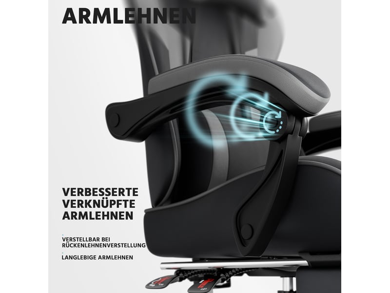  Chaise de bureau gaming 55 cm – noir et gris – dossier inclinable, repose-pieds et accoudoirs synchronisés  - Conforama D